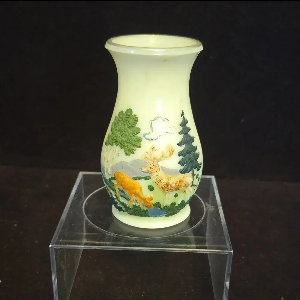 Vtg Ges Geschutzt German Miniature Bud Vase 3D Forest Deer Scene Hard Melamine